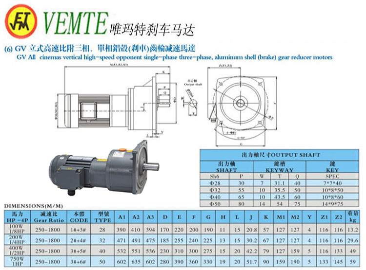GV立式高速比付三項，單項鋁殼剎車齒輪減速馬達
